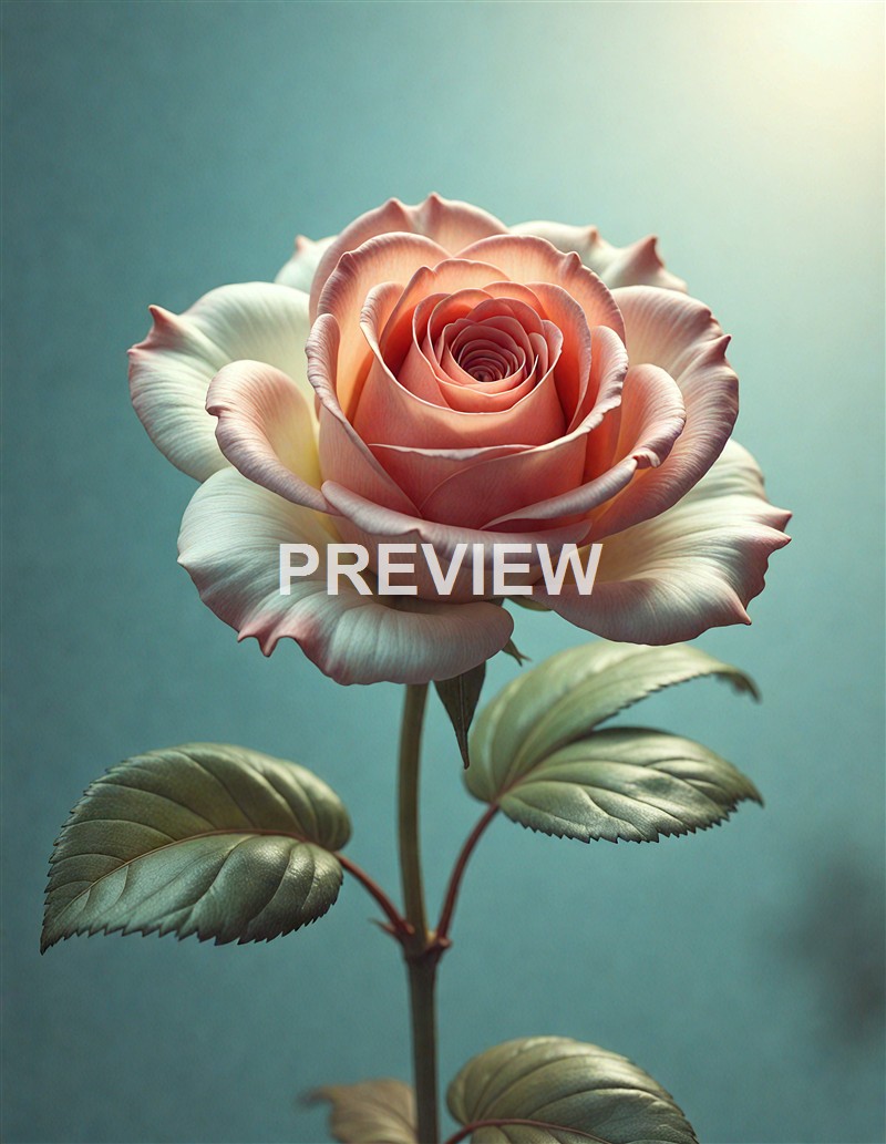 A close-up image of a delicate, multi-layered pink and cream rose with green leaves against a soft, blurred background.